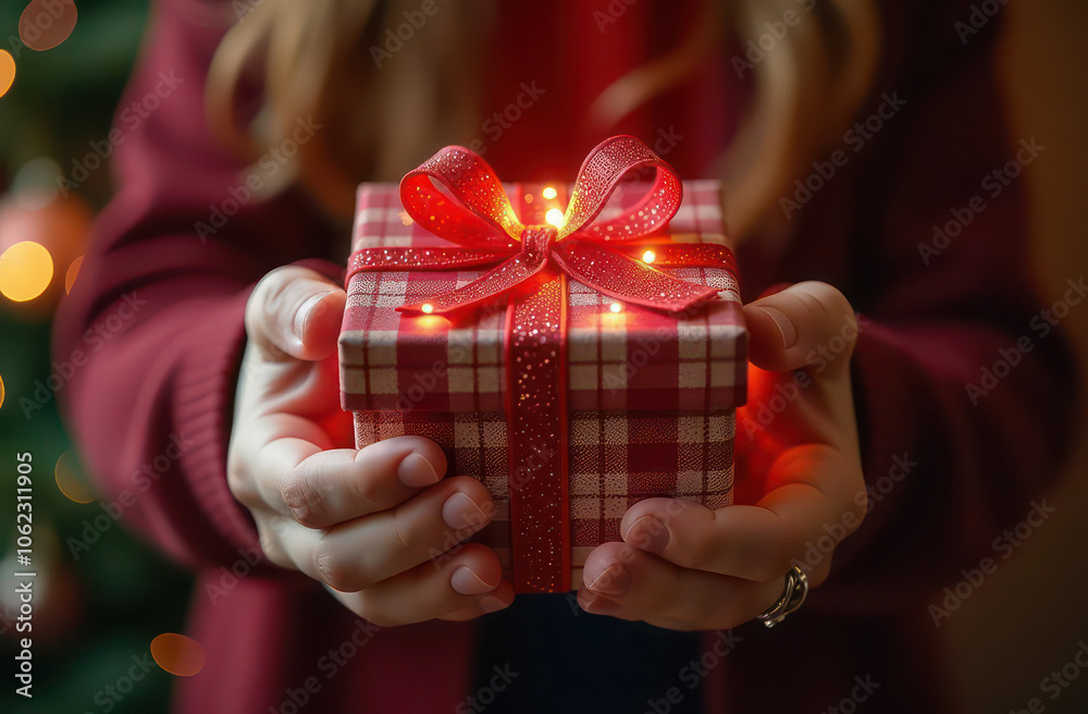 view on a girl hands gripping a large bright Christmas gift over a festive background
view on a girl hands gripping a large bright Christmas gift over a festive background