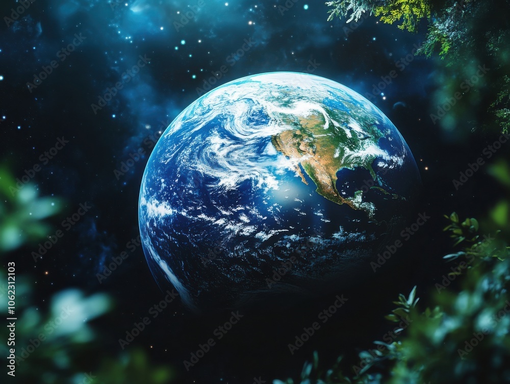 A stunning view of Earth from space, prominently featuring North America. The planet is surrounded by stars and framed by lush green foliage, creating a serene atmosphere.