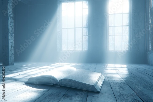 Moody Sunlit Room with an Open Book on Wooden Floor