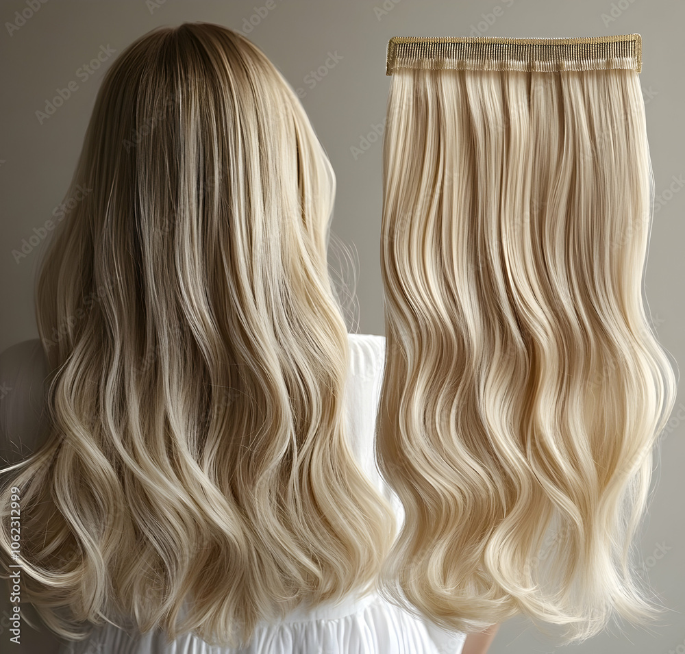 Naklejka premium Hair extensions procedure. Hair care hair cut or hairstyle theme