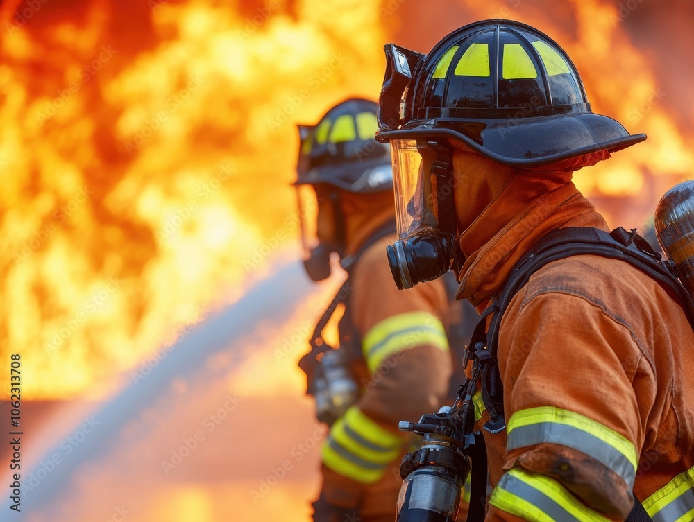 A group of firefighters in protective gear battle intense flames with hoses. The scene is vibrant with bright orange and red hues, showcasing bravery. A group of firefighters in protective gear battle intense flames with hoses. The scene is vibrant with bright orange and red hues, showcasing bravery.