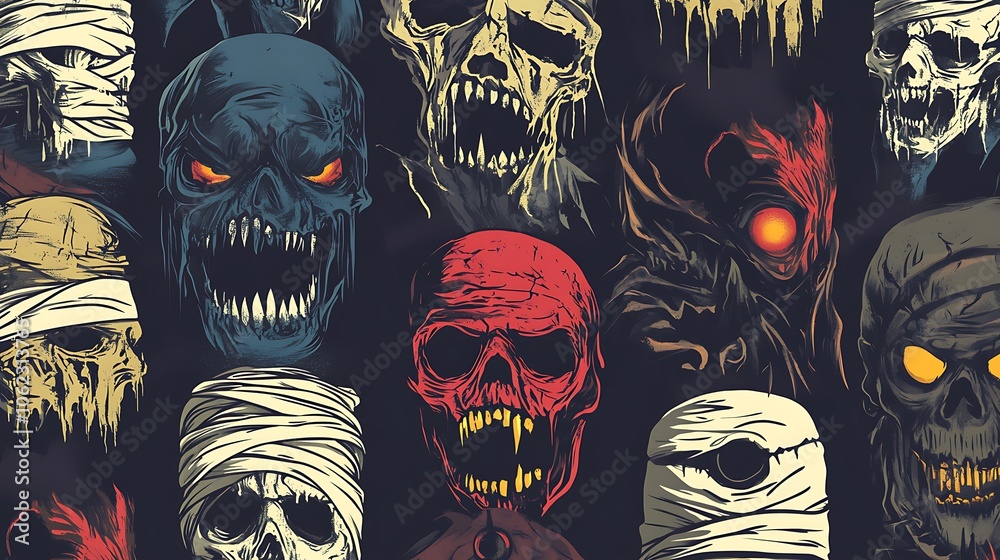 Halloween ghoulish patterns featuring mummies and zombies Halloween ghoulish patterns featuring mummies and zombies