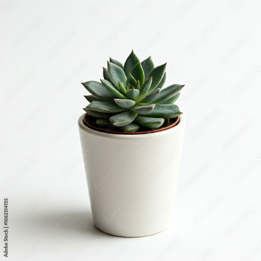 closeup of succulent in white pot on white background closeup of succulent in white pot on white background