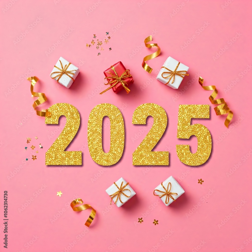 gold glitter 2025 new year festive pink background with gift boxes and confetti gold glitter 2025 new year festive pink background with gift boxes and confetti