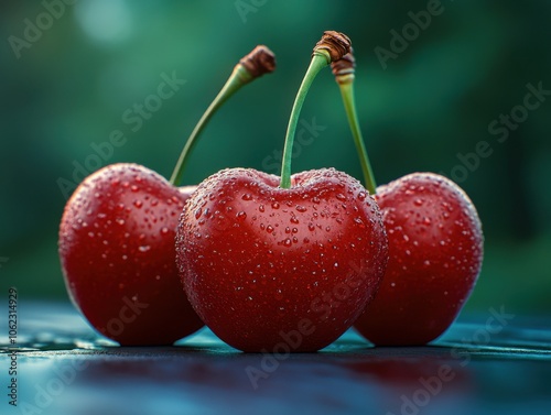 Three vibrant cherries glisten with water droplets, set against a soft-focus green background, capturing a fresh and tempting allure. photo