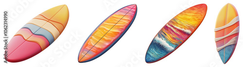 A 3D surfboard icon on a transparent background, representing the excitement of surfing and beach activities during summer vacations.