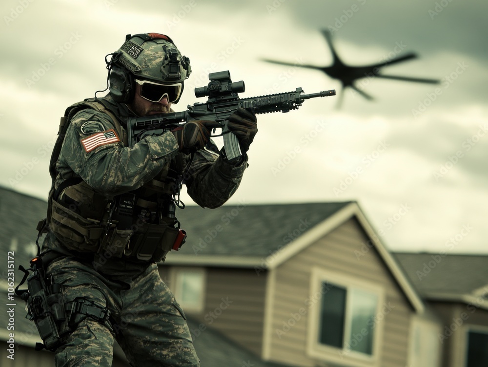 A soldier in tactical gear aims a rifle on the roof of a building, with a helicopter in the cloudy sky. A soldier in tactical gear aims a rifle on the roof of a building, with a helicopter in the cloudy sky.