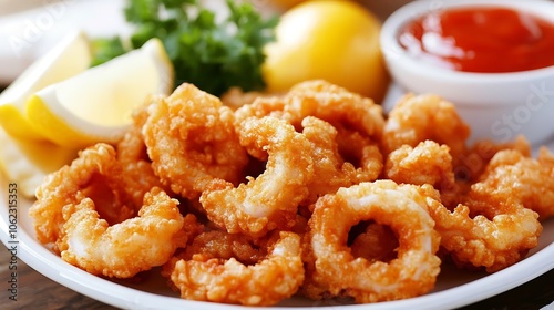 A plate of crispy calamari served with marinara and lemon wedges 