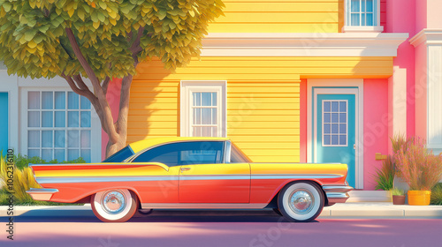 A vintage yellow and red car parked in front of a colorful house. Comic book style.