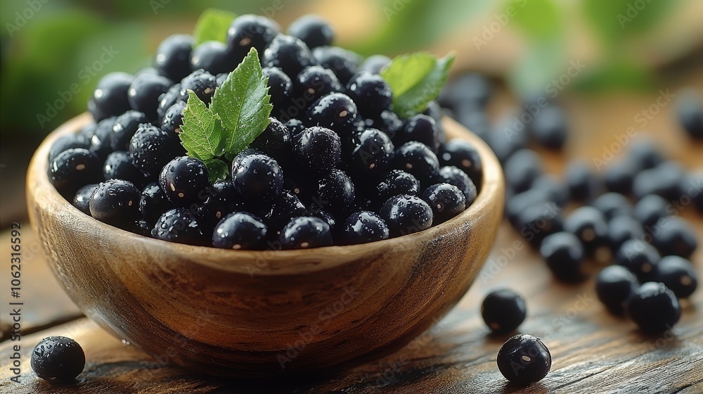 Fresh acai berries in wooden bowl with dew drops on rustic table Fresh acai berries in wooden bowl with dew drops on rustic table