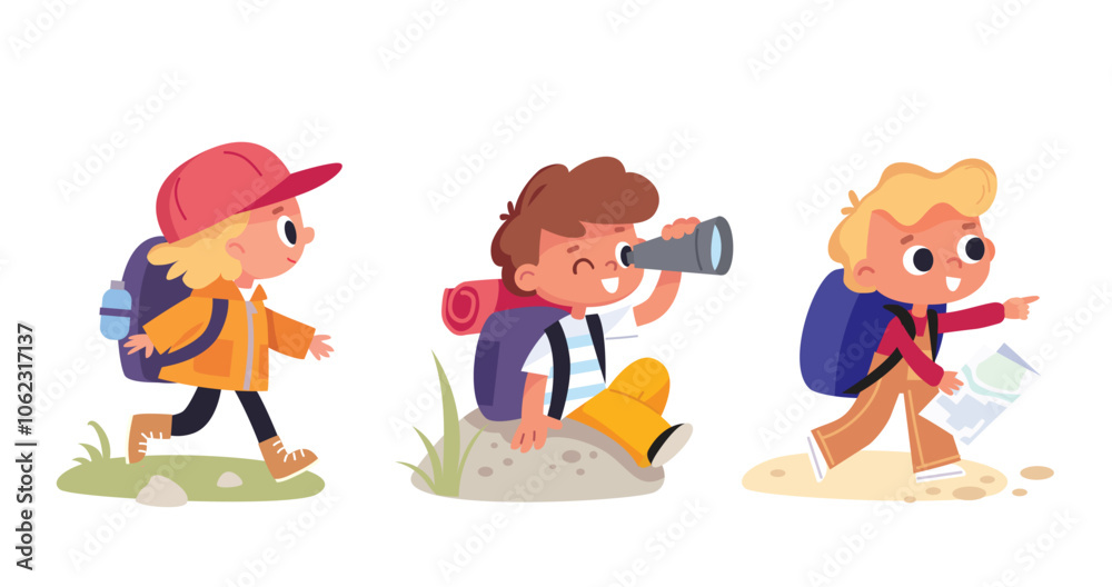Vector set group of boy girl scouts. The boy is sitting looking through telescope. young tourists traveling kids walking with travel bag backpacks and map, walking by route. Hiker travelers collection Vector set group of boy girl scouts. The boy is sitting looking through telescope. young tourists traveling kids walking with travel bag backpacks and map, walking by route. Hiker travelers collection