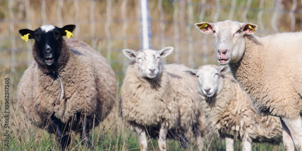 Obraz premium Laughing and staring sheep. Domestic sheep on the pasture. Funny animal photo. Small farm in countryside in Czech republic.