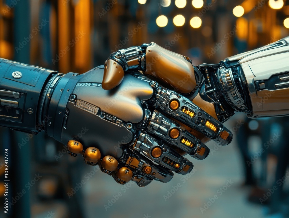 A futuristic handshake between a robot and a human in a business setting, symbolizing collaboration and technology integration. A futuristic handshake between a robot and a human in a business setting, symbolizing collaboration and technology integration.
