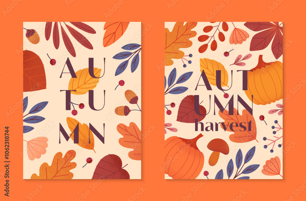 Obraz premium Autumn harvest festival posters with pumpkins,leaves,mushroom,berries,plants in fall colors.Vector harvest fest illustrations.Trendy fall templates for prints,ad,smm,banners,invitations,covers