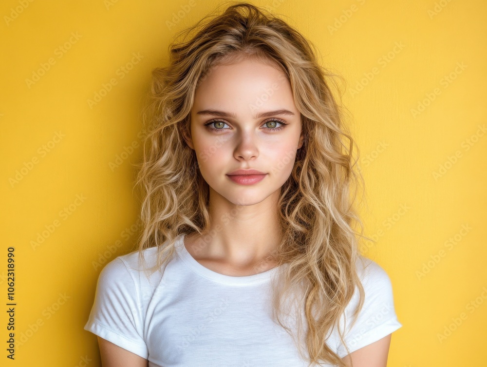 A young woman with curly blonde hair wears a plain white Bella+Canvas shirt against a bright yellow backdrop, creating a vibrant and cheerful image. A young woman with curly blonde hair wears a plain white Bella+Canvas shirt against a bright yellow backdrop, creating a vibrant and cheerful image.