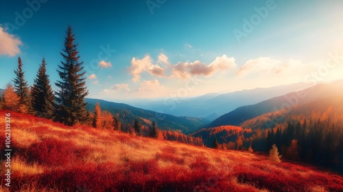 Red autumn mountain plateau, a slope with a low-growing shrub of dwarf birch is covered with a sparse forest of cedar trees. Bright autumn natural background.