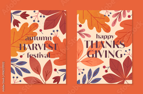 Autumn thanksgiving and harvest seasonal poster with leaves,berries,plants in fall colors.Vector autum seasonal illustrations.Trendy fall templates for prints,ad,smm,banners,invitations,covers