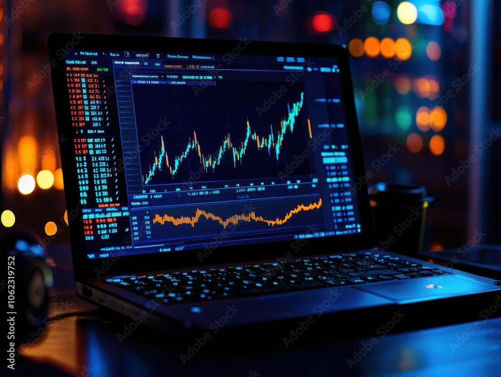 A laptop displaying financial charts and stock market data in a dark, ambient setting, suggesting focused work on business analytics. A laptop displaying financial charts and stock market data in a dark, ambient setting, suggesting focused work on business analytics.