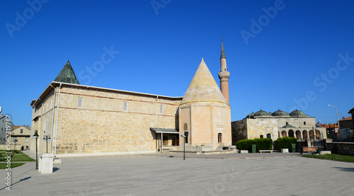 Esrefoglu Mosque and Complex, located in Beysehir, Konya, Turkey, was built in 1299. It consists of a mosque, covered bazaar, tomb, bath and madrasah.