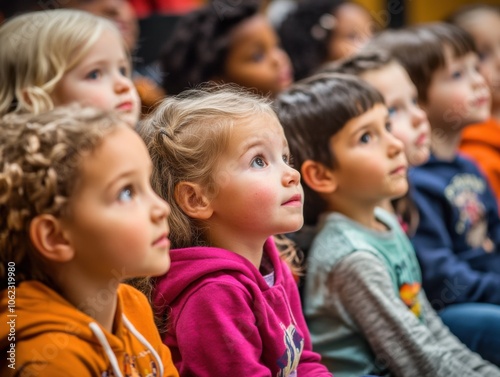 A group of toddlers attentively listening in a classroom, showcasing diverse backgrounds and expressions of curiosity.