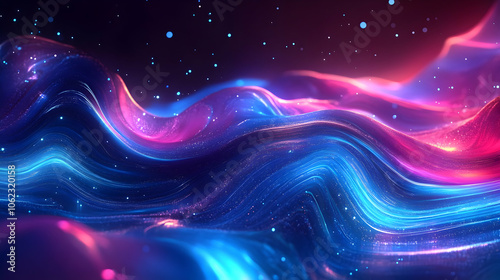 A vibrant abstract featuring glowing blue and purple light waves with scattered particles, evoking energy and cosmic elegance.