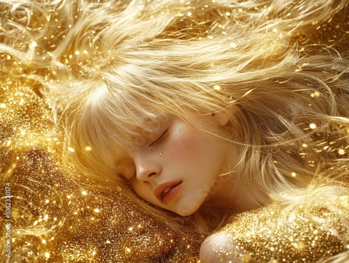 A dreamy, AI-generated image of a blond woman surrounded by gold glitter, evoking a sense of fantasy and ethereal beauty.