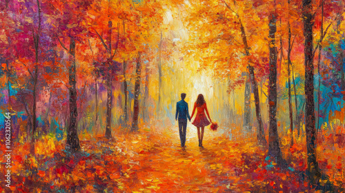 Wallpaper Mural Romantic Thanksgiving Stroll: Couple Walking Through a Vibrant Autumn Forest
 Torontodigital.ca