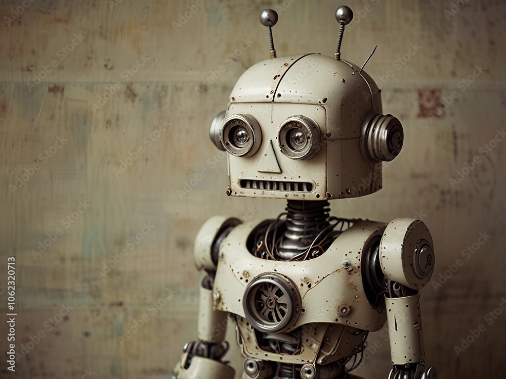 Retro-style robot with an antique metal finish, expressive circular eyes, and mechanical details, standing against a vintage background, evoking a nostalgic and steampunk aesthetic