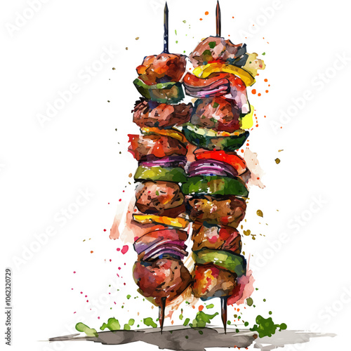 A watercolor vector of Shish Kebab, isolated on a white background.