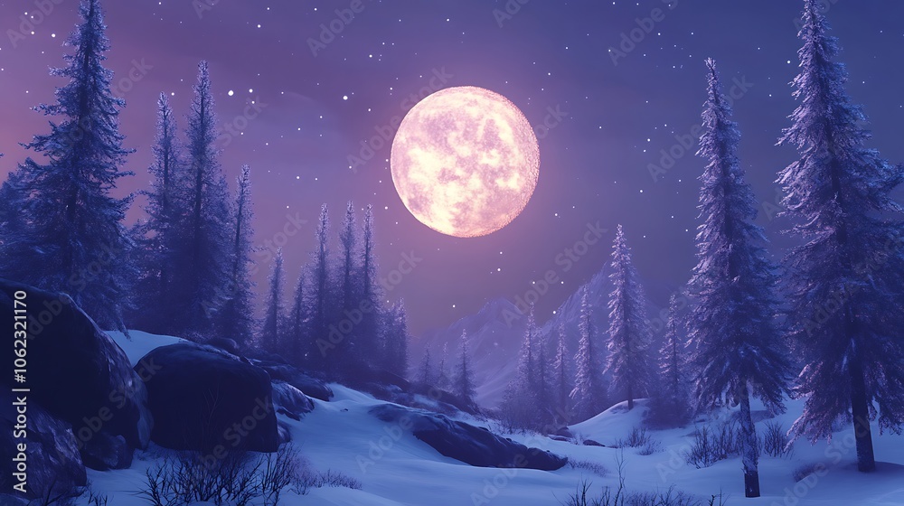 Fototapeta premium Winter night scene with a full moon and snowy trees