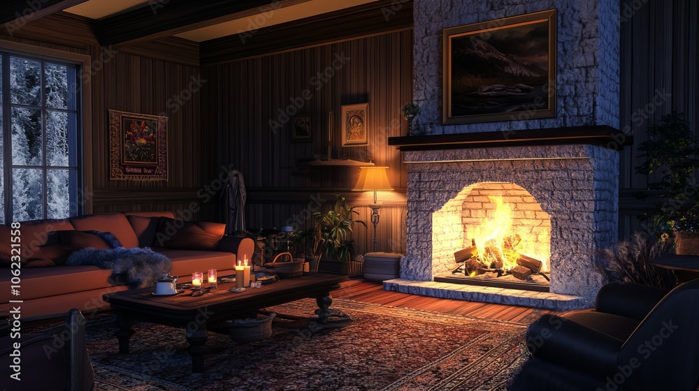 A comfy living room with a fireplace and a real fire burning wood. A comfy living room with a fireplace and a real fire burning wood.