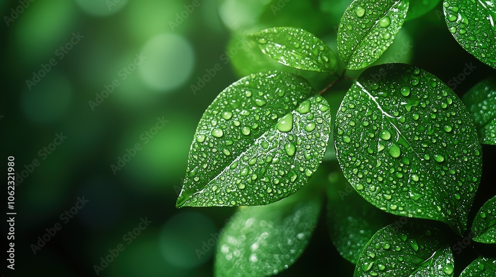 Fresh green leaves with dew drops in a lush natural background Fresh green leaves with dew drops in a lush natural background