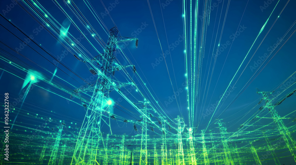 Obraz premium High-voltage power lines glowing with green light effects, symbolizing futuristic energy transmission and connectivity.