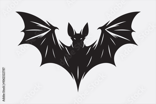 A black silhouette of a flying bat with outstretched wings.