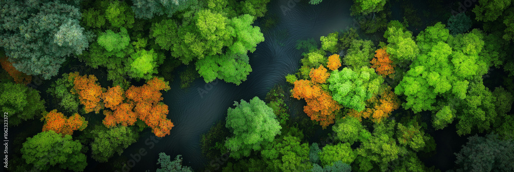 Aerial view of a forest with vibrant green and orange foliage. Aerial view of a forest with vibrant green and orange foliage.