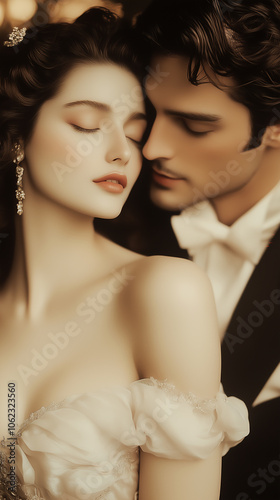 Retro vintage poster, with a beautiful couple in love, in an elegant but sensual mood	
