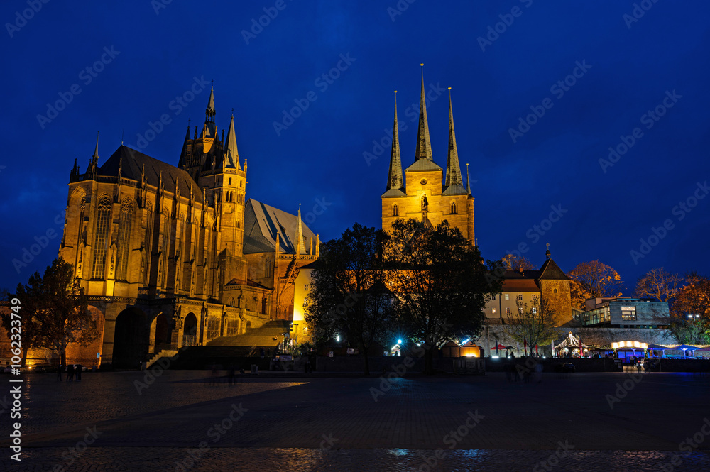 cathedral square in Erfurt with view to cathedral and church Severi in the blue hour cathedral square in Erfurt with view to cathedral and church Severi in the blue hour