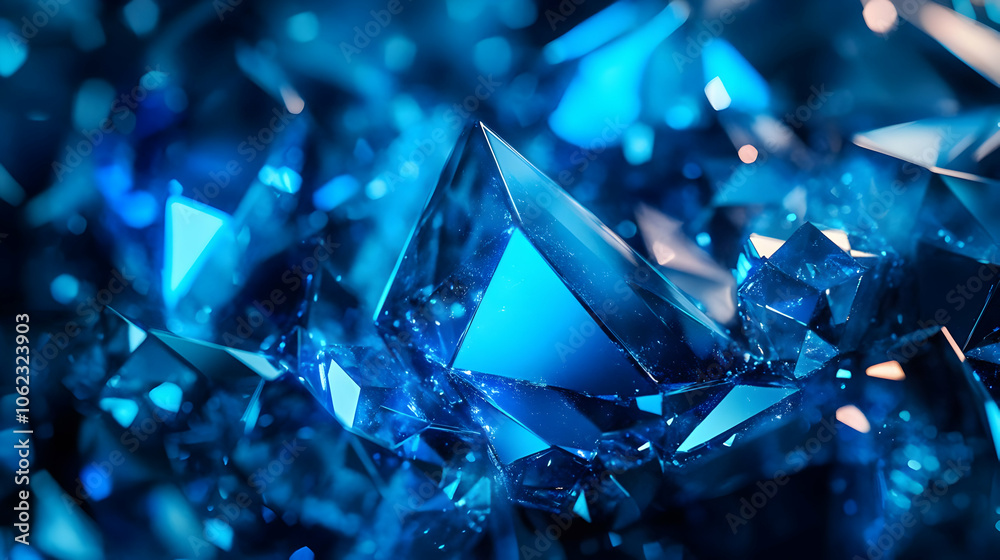 Sparkling blue crystal fragments glowing with light, creating a dazzling and futuristic abstract design. Sparkling blue crystal fragments glowing with light, creating a dazzling and futuristic abstract design.