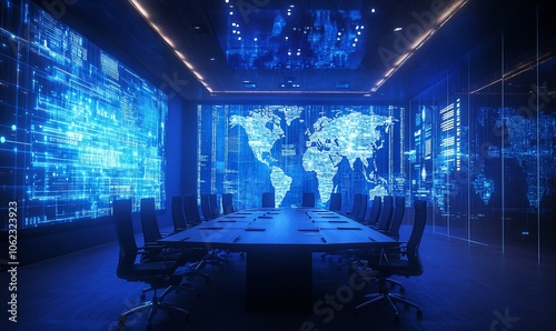 Modern conference room with a large screen displaying a world map and data visualizations.