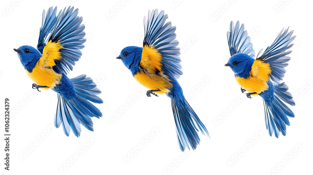 Obraz premium Vibrant Blue and Yellow Blue Tits in Mid-Air During Flight Generative AI