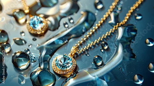 A pair of necklaces with blue stones are displayed on a wet surface. The water droplets on the surface create a reflective and calming atmosphere, emphasizing the beauty of the jewelry