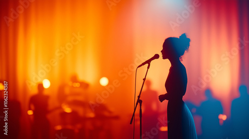 Silhouette of a female singer performing on stage with a microphone.