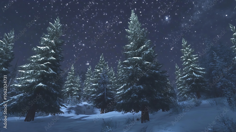 Snow-covered pine trees with a starry night sky Snow-covered pine trees with a starry night sky