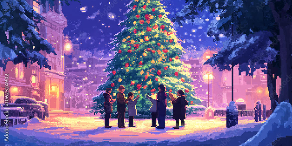 Obraz premium Retro Christmas Carolers: Pixel art with tree decorations