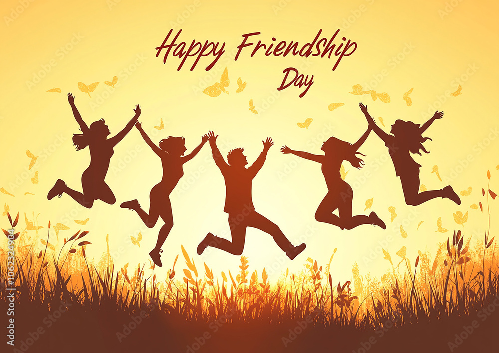 Happy Friendship Day vector background with friends jumping silhouette and text HAPPY FRIENDSHIP DAY Happy Friendship Day vector background with friends jumping silhouette and text HAPPY FRIENDSHIP DAY