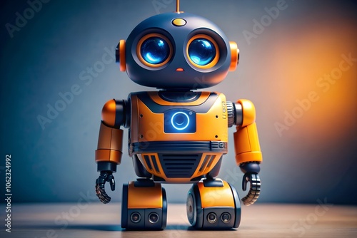 Adorable orange and blue robot with large glowing eyes, standing on a smooth surface with a futuristic vibe, symbolizing technology, innovation, and robotics in a playful design