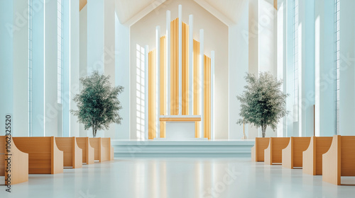 A modern church interior with wooden pews and a golden altar.