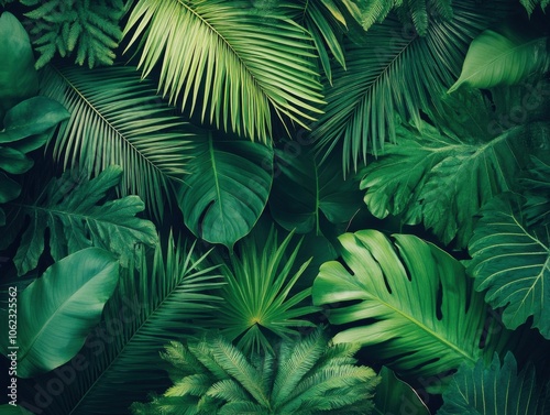 A vibrant collection of tropical green palm leaves, artfully arranged to create a lush, cinematic atmosphere with rich textures and deep color contrasts.