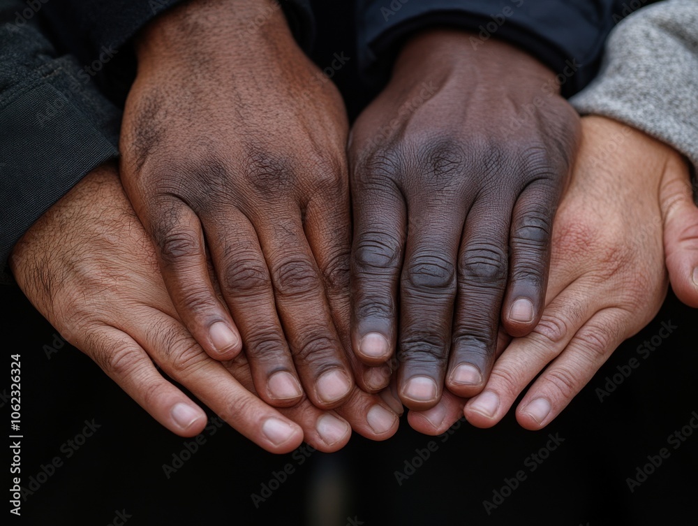 Fototapeta premium A close-up of diverse hands placed together symbolizes unity and multicultural harmony. The image conveys a message of solidarity and cooperation.
