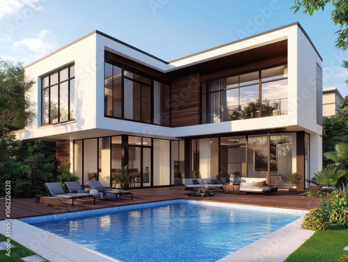 Modern minimalist white villa with large glass windows and a sleek swimming pool, surrounded by lush greenery and outdoor seating.